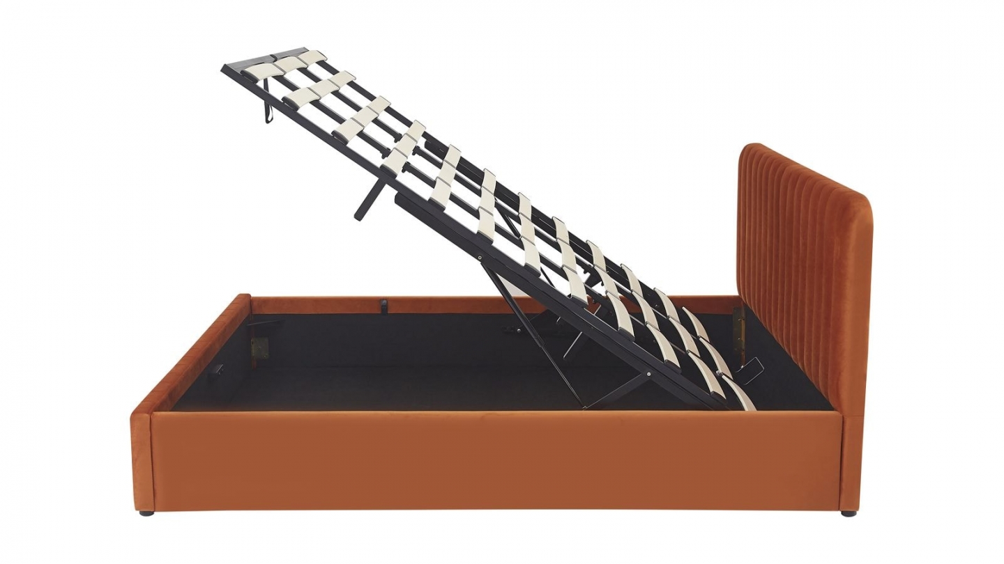 Lit coffre adulte 180x200 cm avec tête de lit capitonnée en velours terracotta - Ava