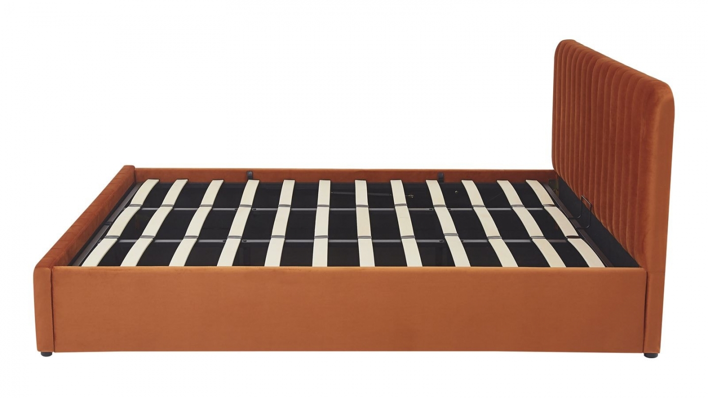 Lit coffre adulte 180x200 cm avec tête de lit capitonnée en velours terracotta - Ava