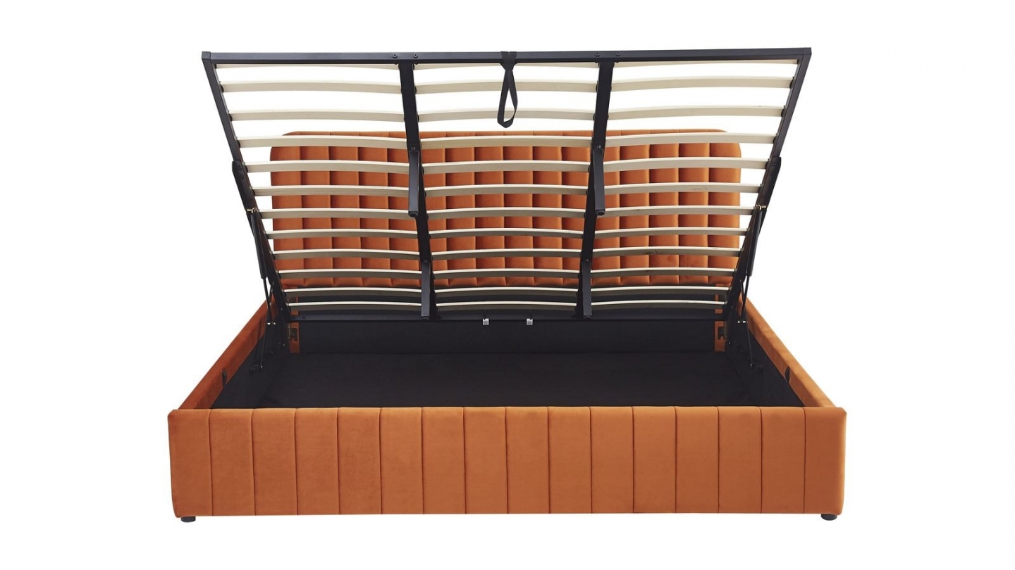 Lit coffre adulte 180x200 cm avec tête de lit capitonnée en velours terracotta - Ava