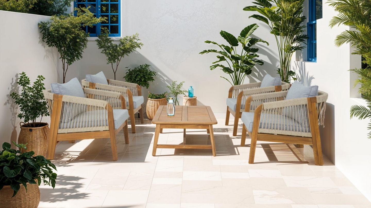 Salon de jardin 4 places en bois FSC - 4 fauteuils et table basse - Symi