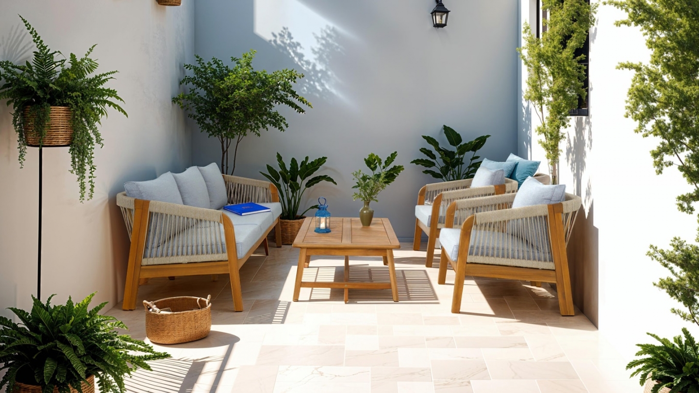 Salon de jardin 5 places en bois FSC - Canapé 3 pl. , 2 fauteuils et table basse - Symi