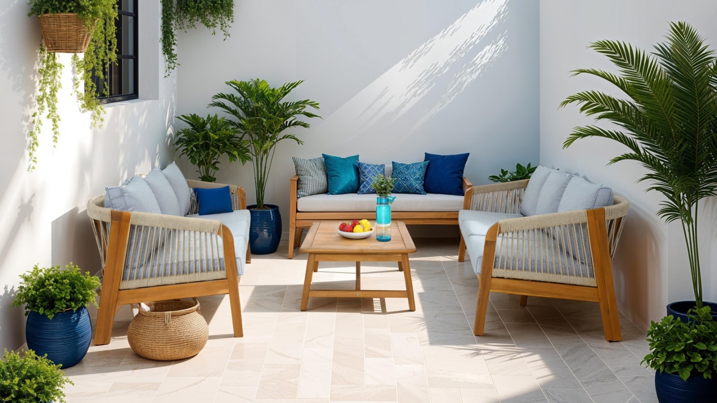 Salon de jardin 6 places en bois FSC - 2 canapes 3 pl. et table basse - Symi