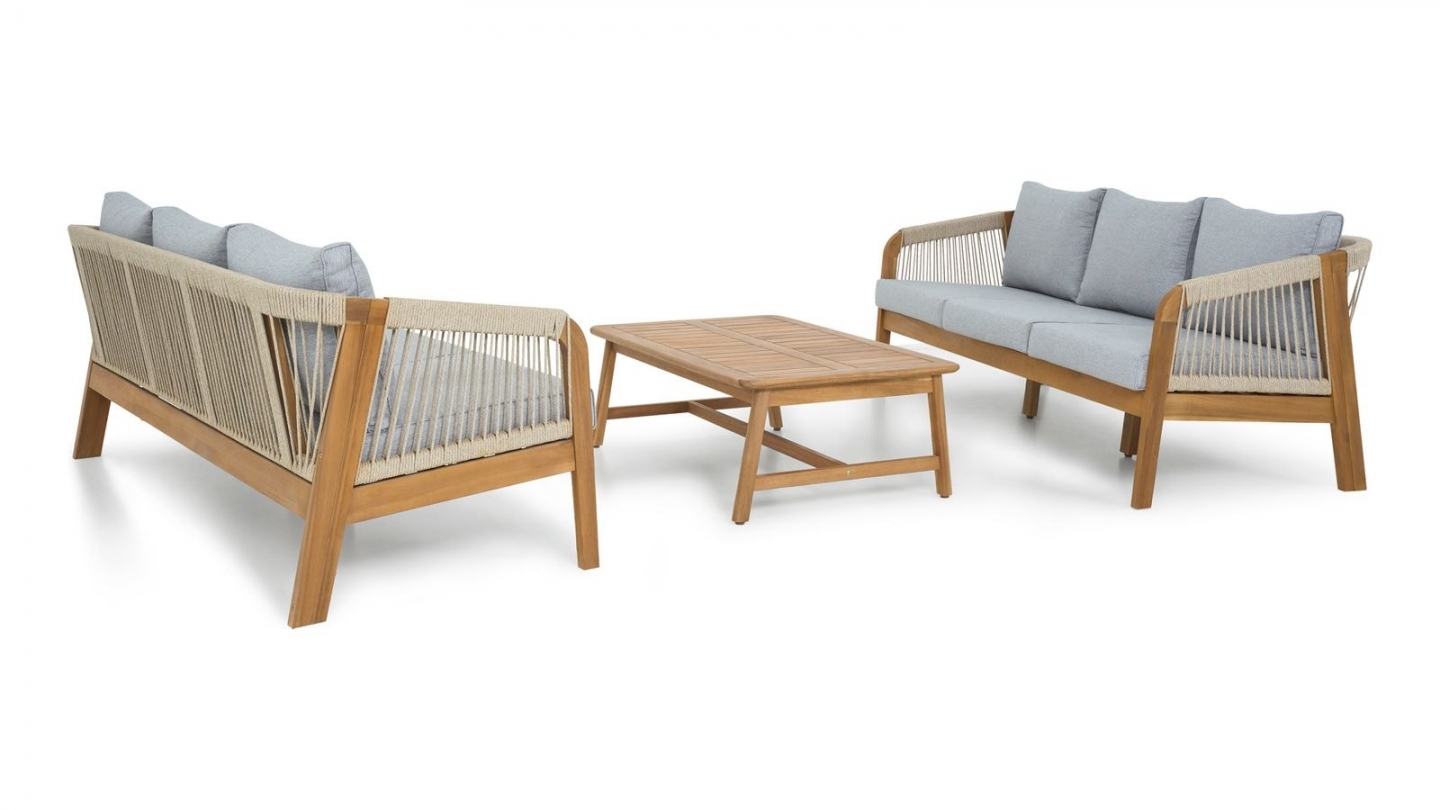 Salon de jardin 6 places en bois FSC - 2 canapes 3 pl. et table basse - Symi