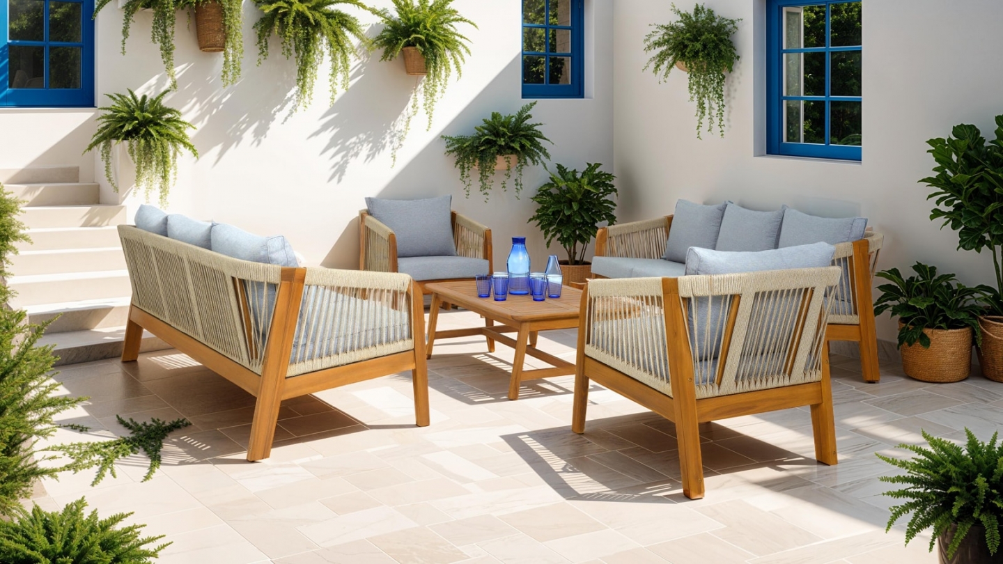 Salon de jardin 8 places en bois FSC - 2 Canapés 3 pl. , 2 fauteuils et table basse - Symi