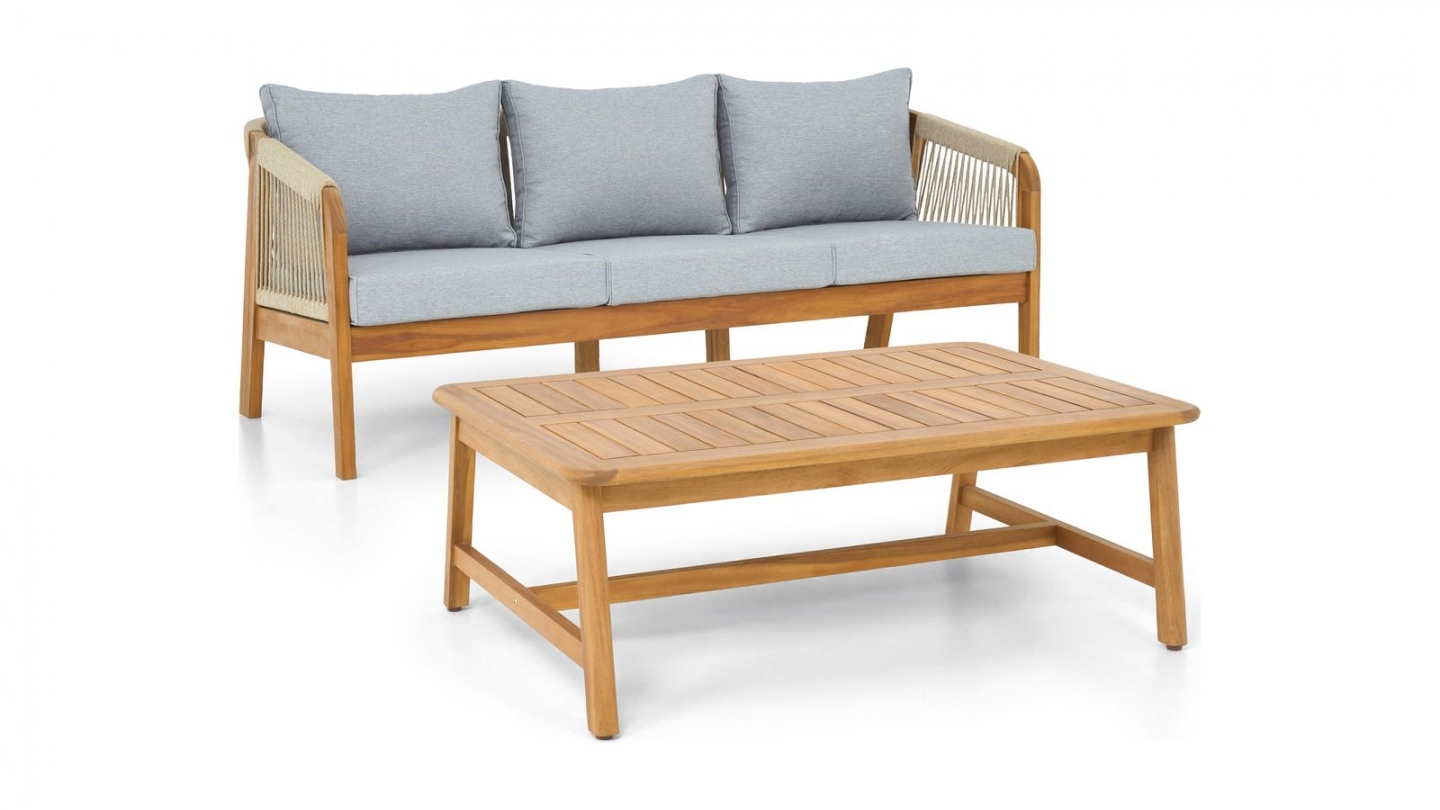 Salon de jardin 3 places en bois FSC - Coussins gris chiné - Symi