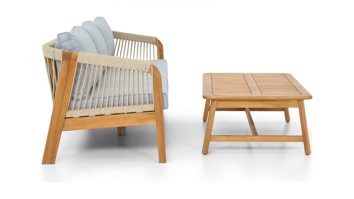 Salon de jardin 3 places en bois FSC - Coussins gris chiné - Symi