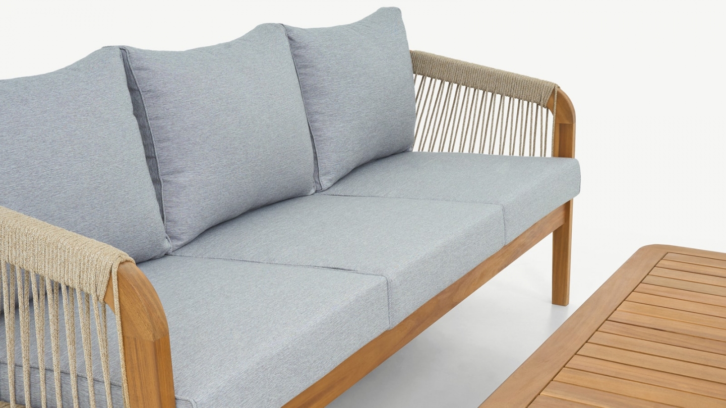 Salon de jardin 3 places en bois FSC - Coussins gris chiné - Symi