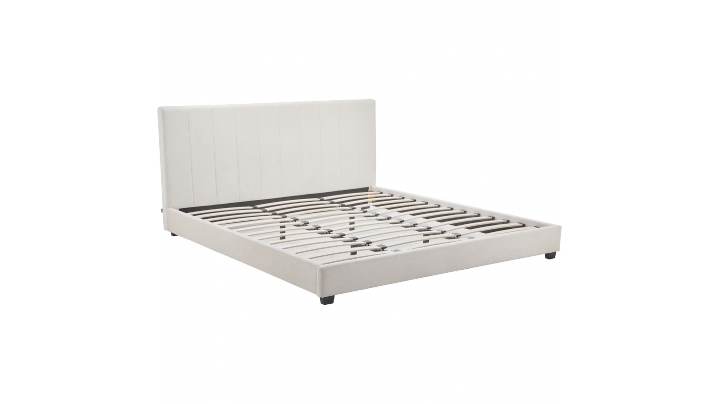 Lit adulte 180x200 cm avec tête de lit capitonnée en velours beige - William