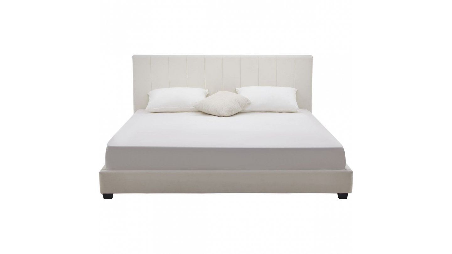 Lit adulte 180x200 cm avec tête de lit capitonnée en velours beige - William