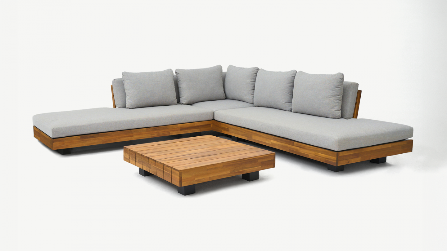 Salon de jardin d'angle 5 places en bois FSC et coussins gris chiné - Capri