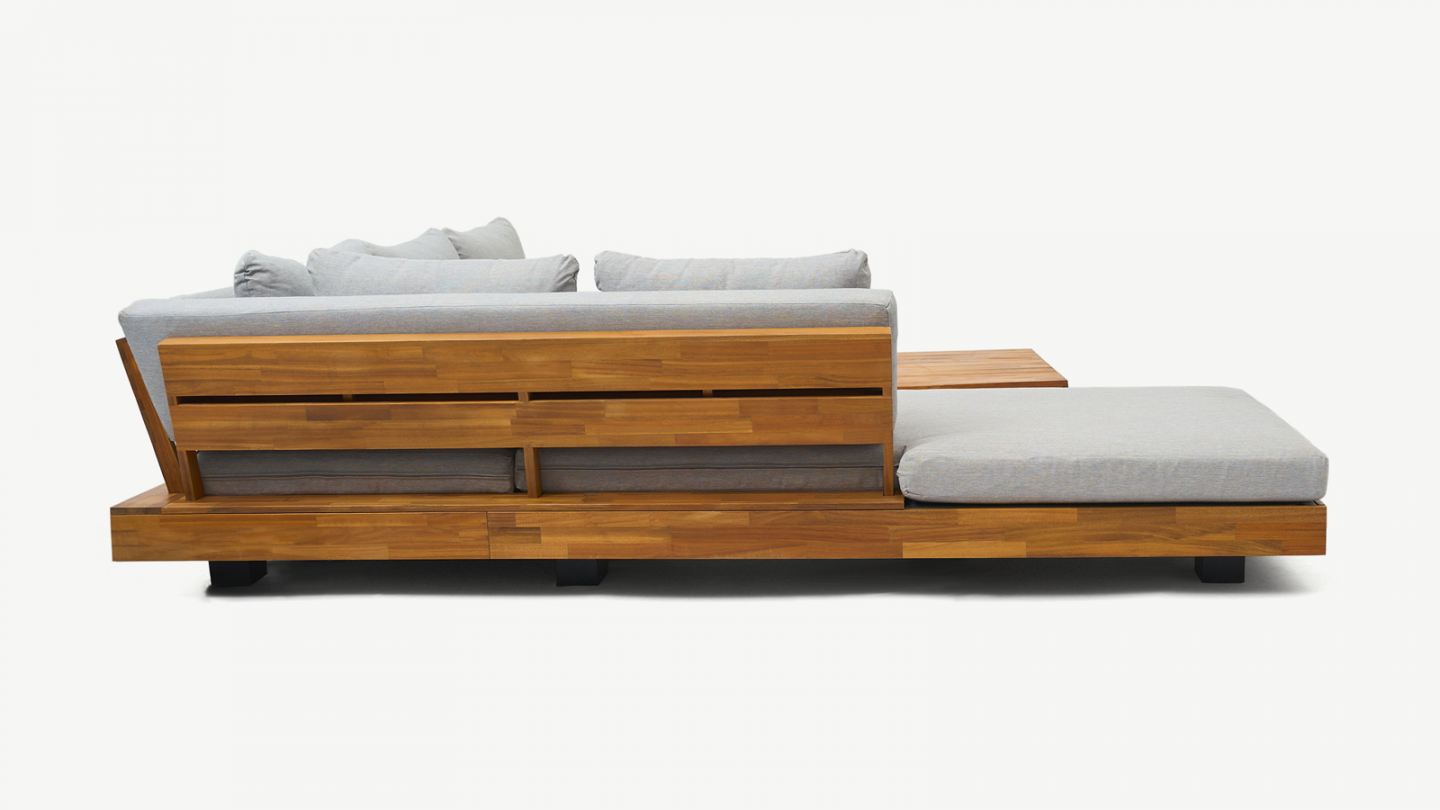 Salon de jardin d'angle 5 places en bois FSC et coussins gris chiné - Capri