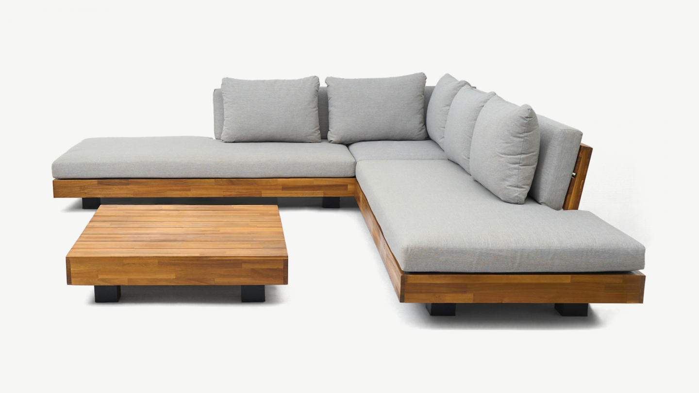 Salon de jardin d'angle 5 places en bois FSC et coussins gris chiné - Capri