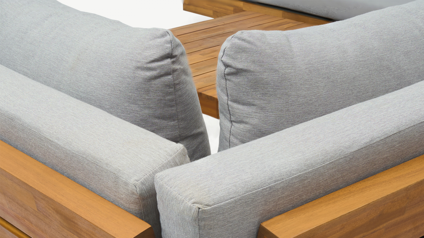 Salon de jardin d'angle 5 places en bois FSC et coussins gris chiné - Capri