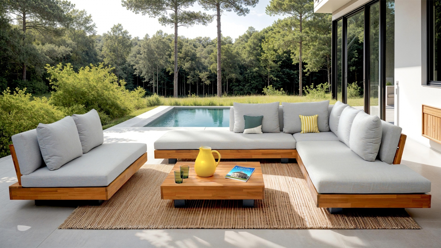 Salon de jardin 7 places en bois FSC - Canapé 5 pl. , Canapé 2 pl. et table basse - Capri