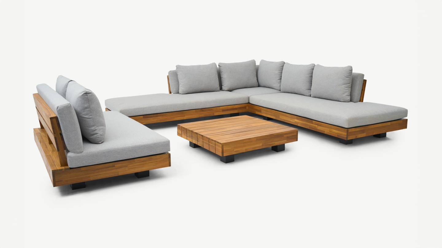 Salon de jardin 7 places en bois FSC - Canapé 5 pl. , Canapé 2 pl. et table basse - Capri
