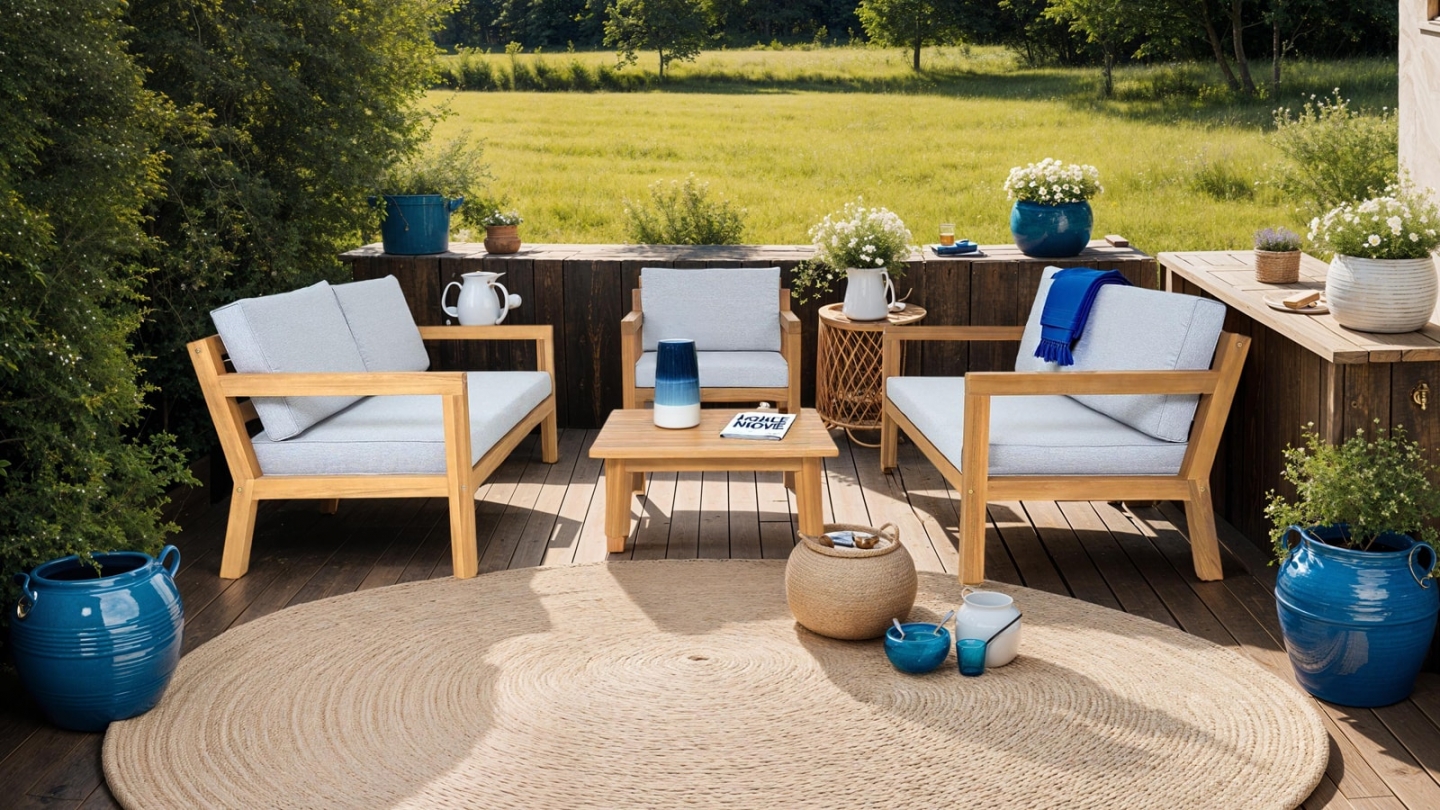 Salon de jardin 5 places en bois FSC - 2 Canapés 2 pl. , 1 fauteuils et table basse - Palau