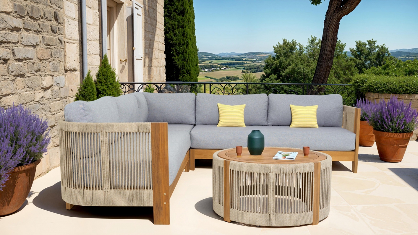 Salon de jardin d'angle 5 places en bois FSC - coussins gris chiné - Praia