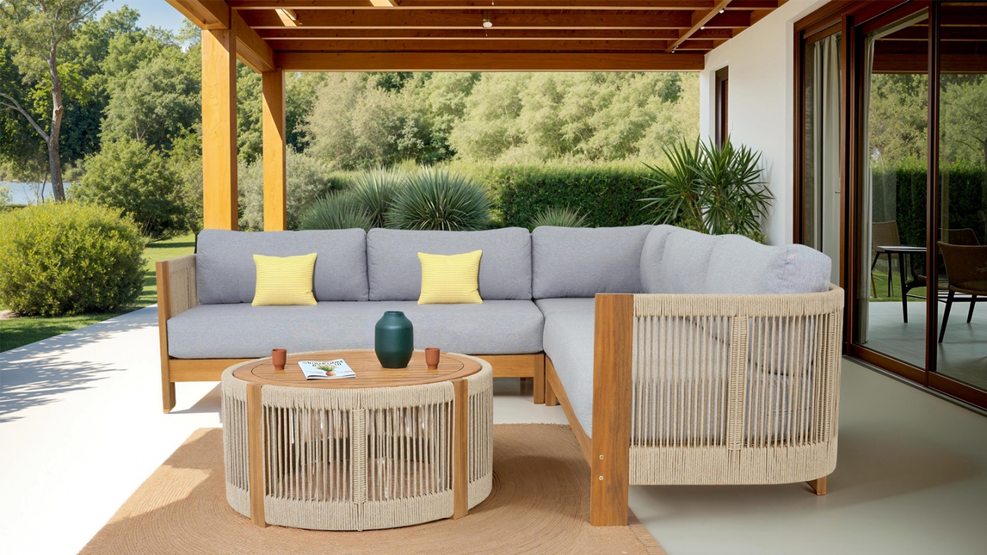 Salon de jardin d'angle 5 places en bois FSC - coussins gris chiné - Praia