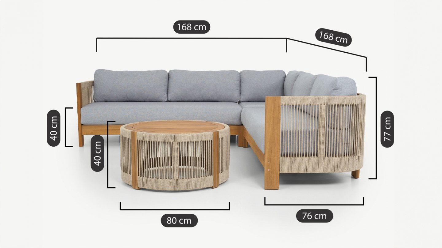 Salon de jardin d'angle 5 places en bois FSC - coussins gris chiné - Praia