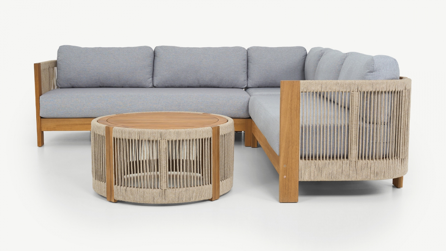 Salon de jardin d'angle 5 places en bois FSC - coussins gris chiné - Praia