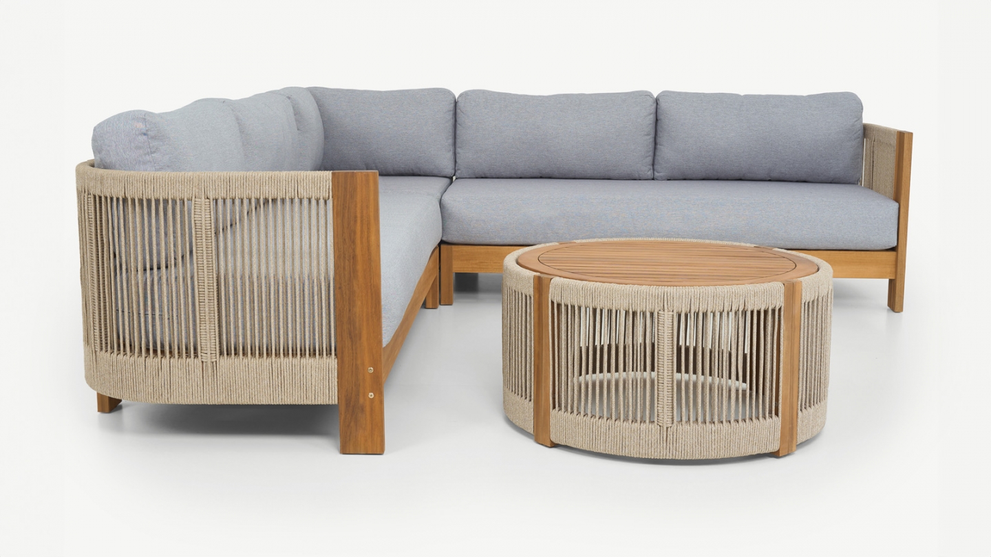 Salon de jardin d'angle 5 places en bois FSC - coussins gris chiné - Praia