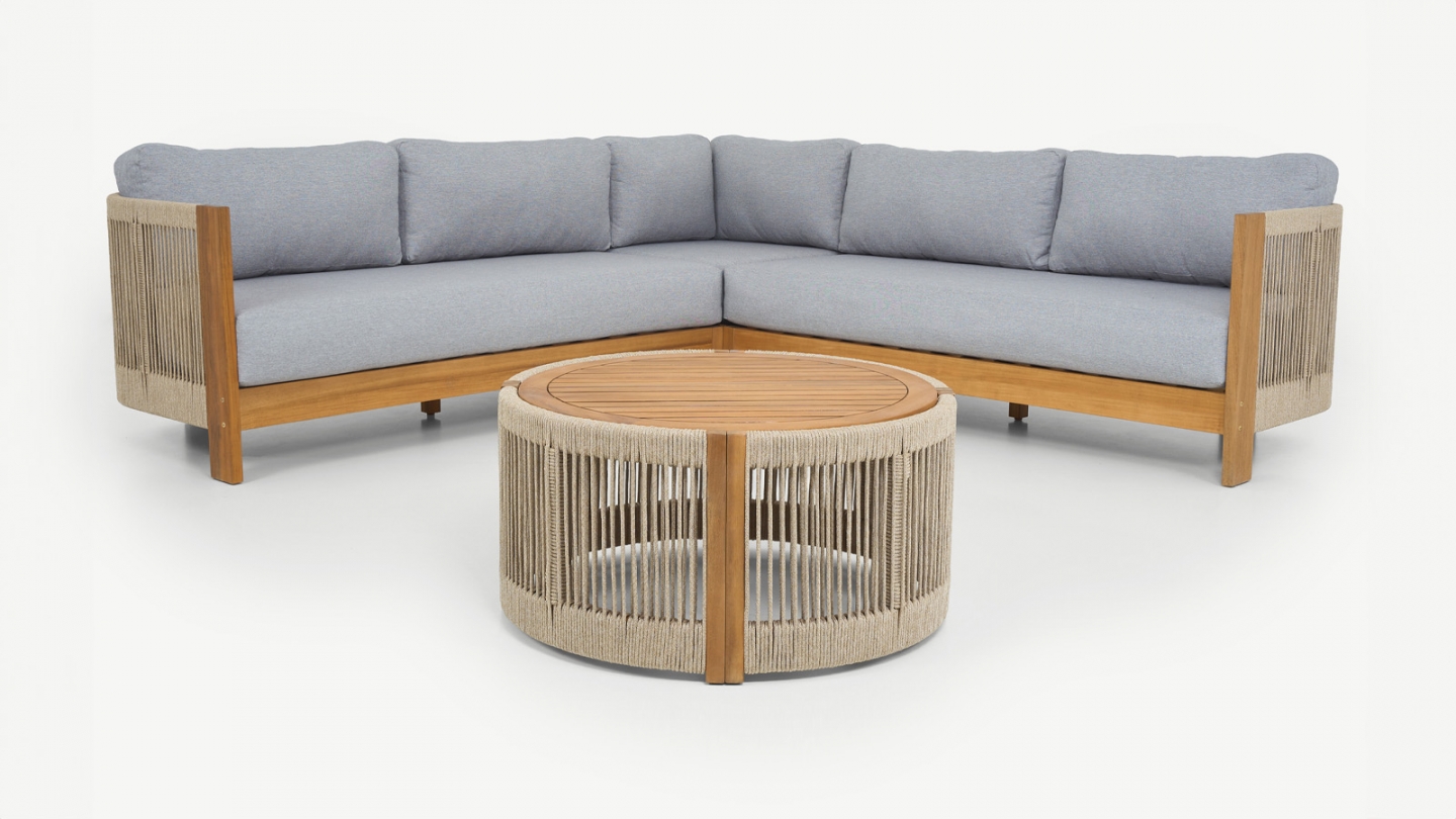 Salon de jardin d'angle 5 places en bois FSC - coussins gris chiné - Praia