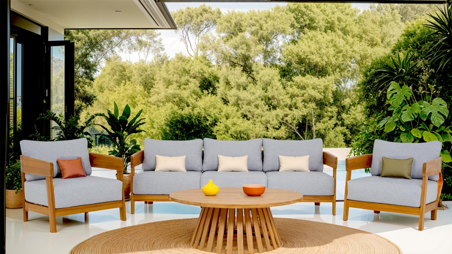 Salon de jardin 5 places en bois FSC - coussins gris chiné - Paros