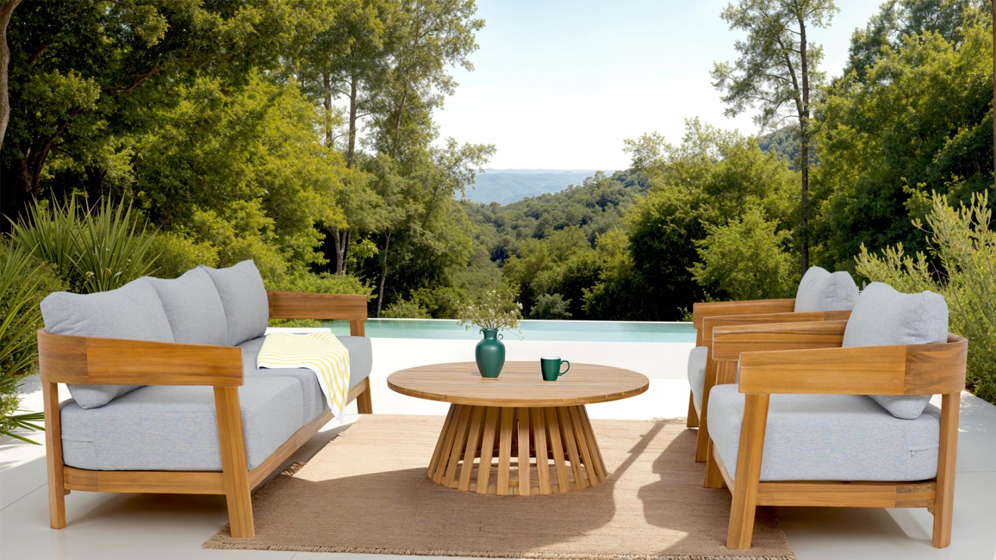 Salon de jardin 5 places en bois FSC - coussins gris chiné - Paros