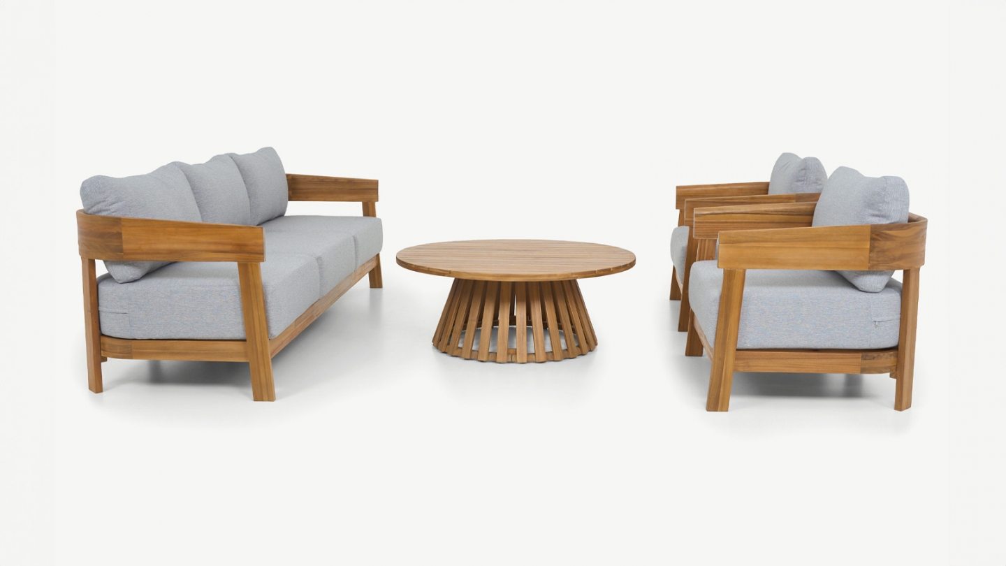 Salon de jardin 5 places en bois FSC - coussins gris chiné - Paros