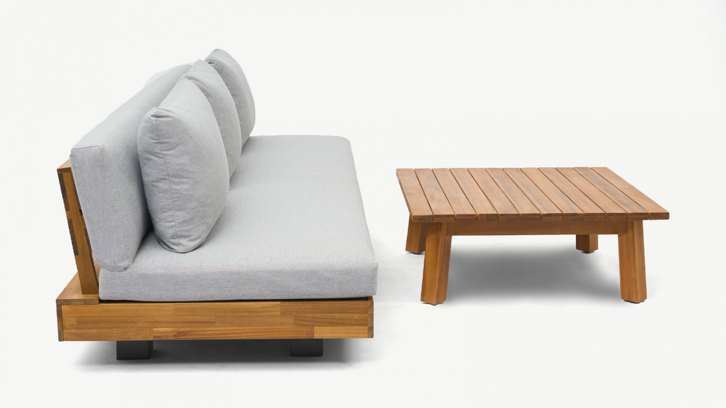 Salon de jardin 3 places en bois FSC - Coussins gris chiné - Capri