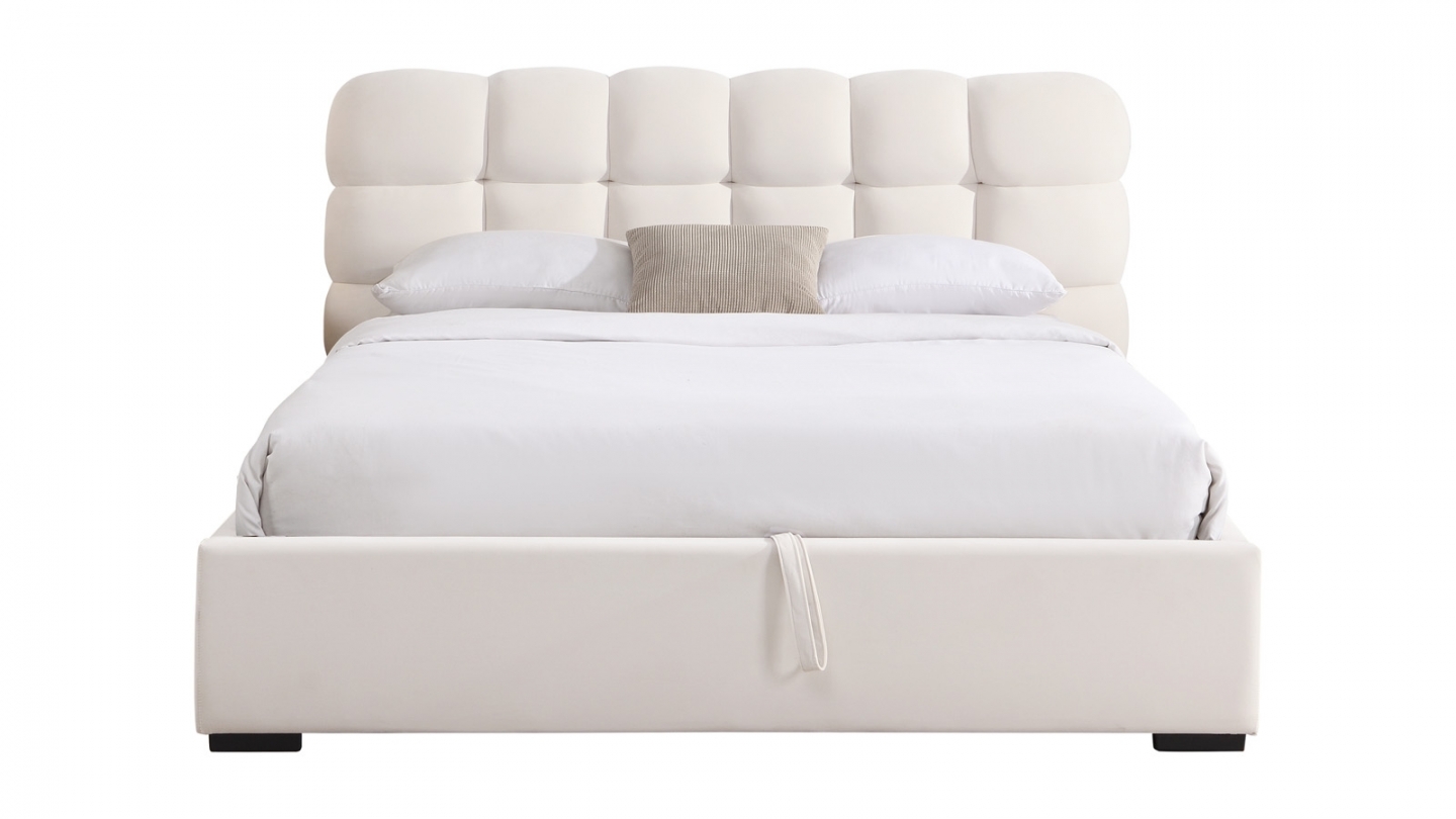 Lit coffre adulte 140x190 cm avec sommier et tête de lit capitonnée en velours beige - Lola