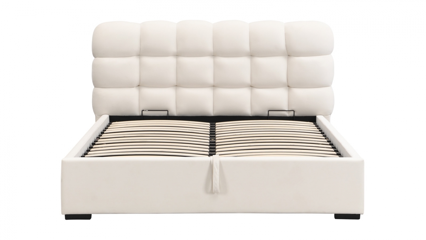 Lit coffre adulte 140x190 cm avec sommier et tête de lit capitonnée en velours beige - Lola