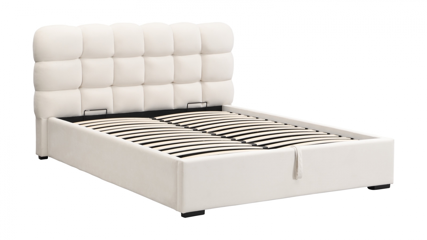 Lit coffre adulte 140x190 cm avec sommier et tête de lit capitonnée en velours beige - Lola