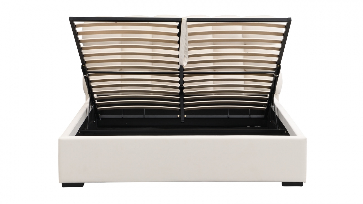 Lit coffre adulte 140x190 cm avec sommier et tête de lit capitonnée en velours beige - Lola