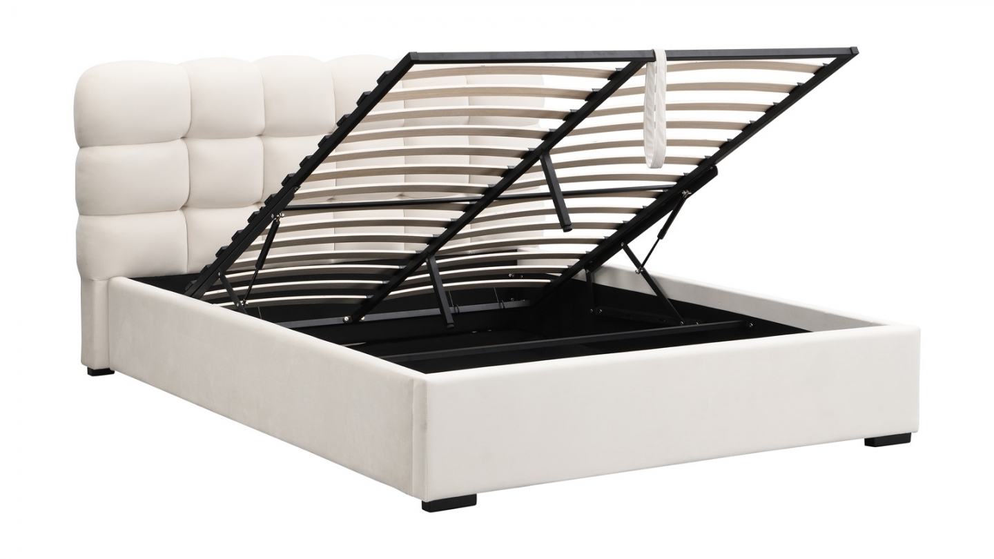 Lit coffre adulte 140x190 cm avec sommier et tête de lit capitonnée en velours beige - Lola