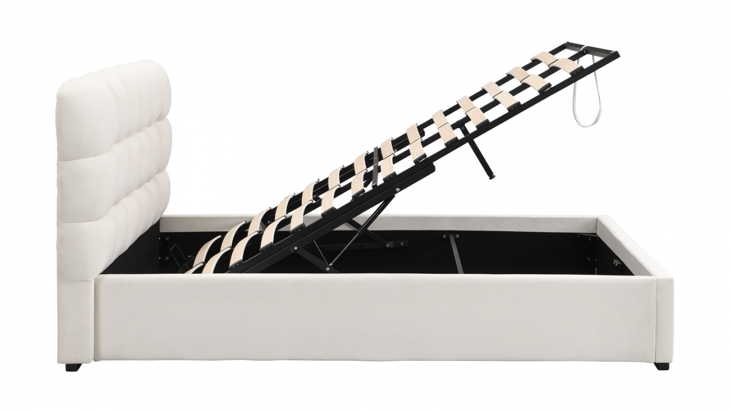 Lit coffre adulte 140x190 cm avec sommier et tête de lit capitonnée en velours beige - Lola