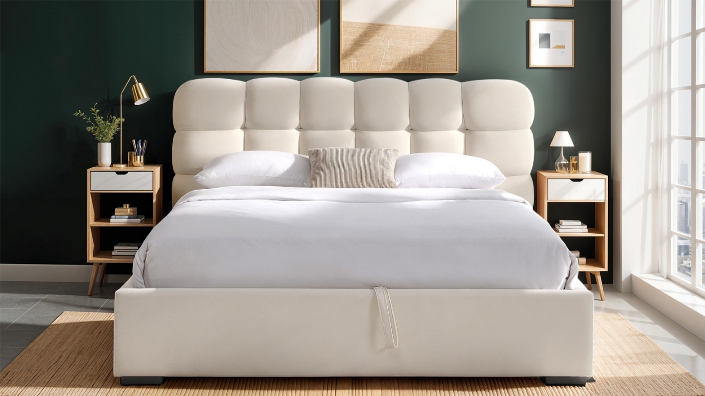 Lit coffre adulte 140x190 cm avec sommier et tête de lit capitonnée en velours beige - Lola
