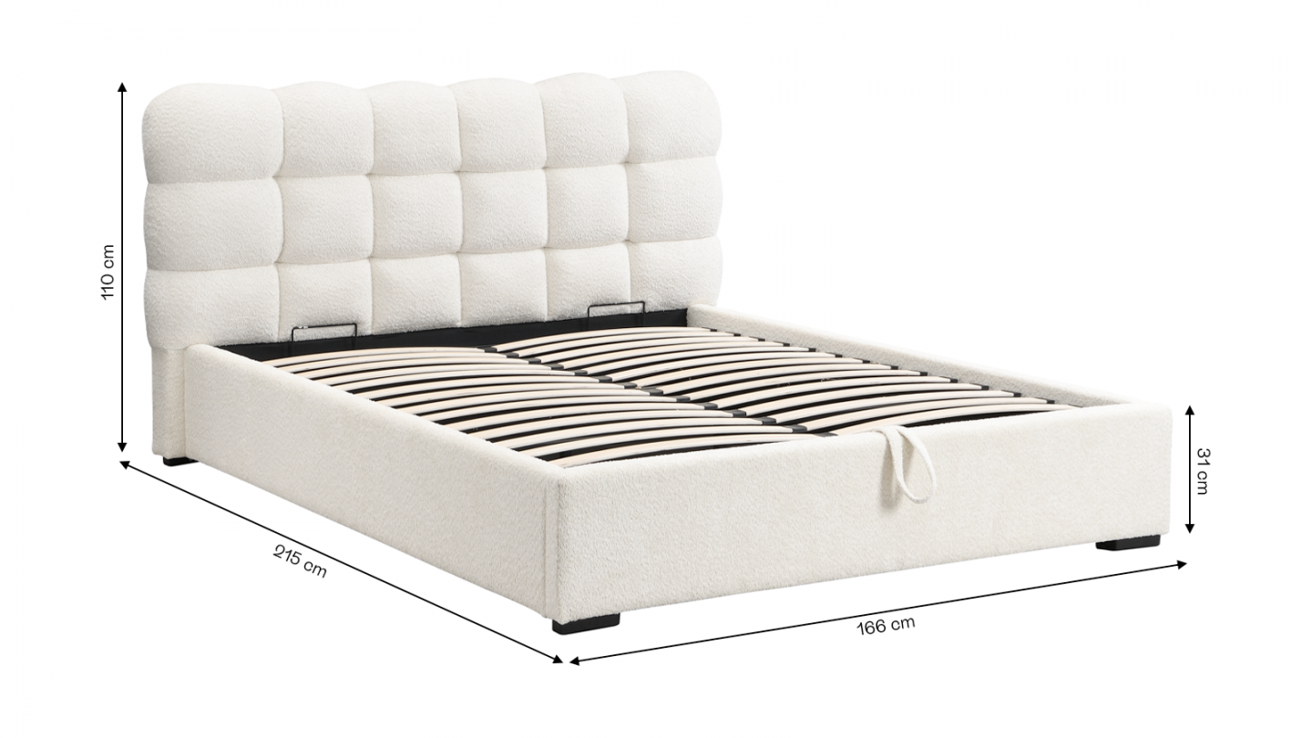 Lit coffre adulte 140x190 cm avec sommier et tête de lit capitonnée en tissu bouclé beige - Lola