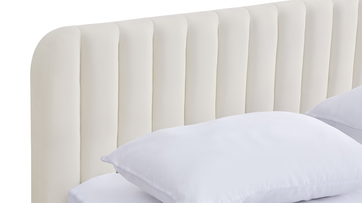 Lit coffre adulte 160x200 cm avec tête de lit capitonnée en velours beige - Ava
