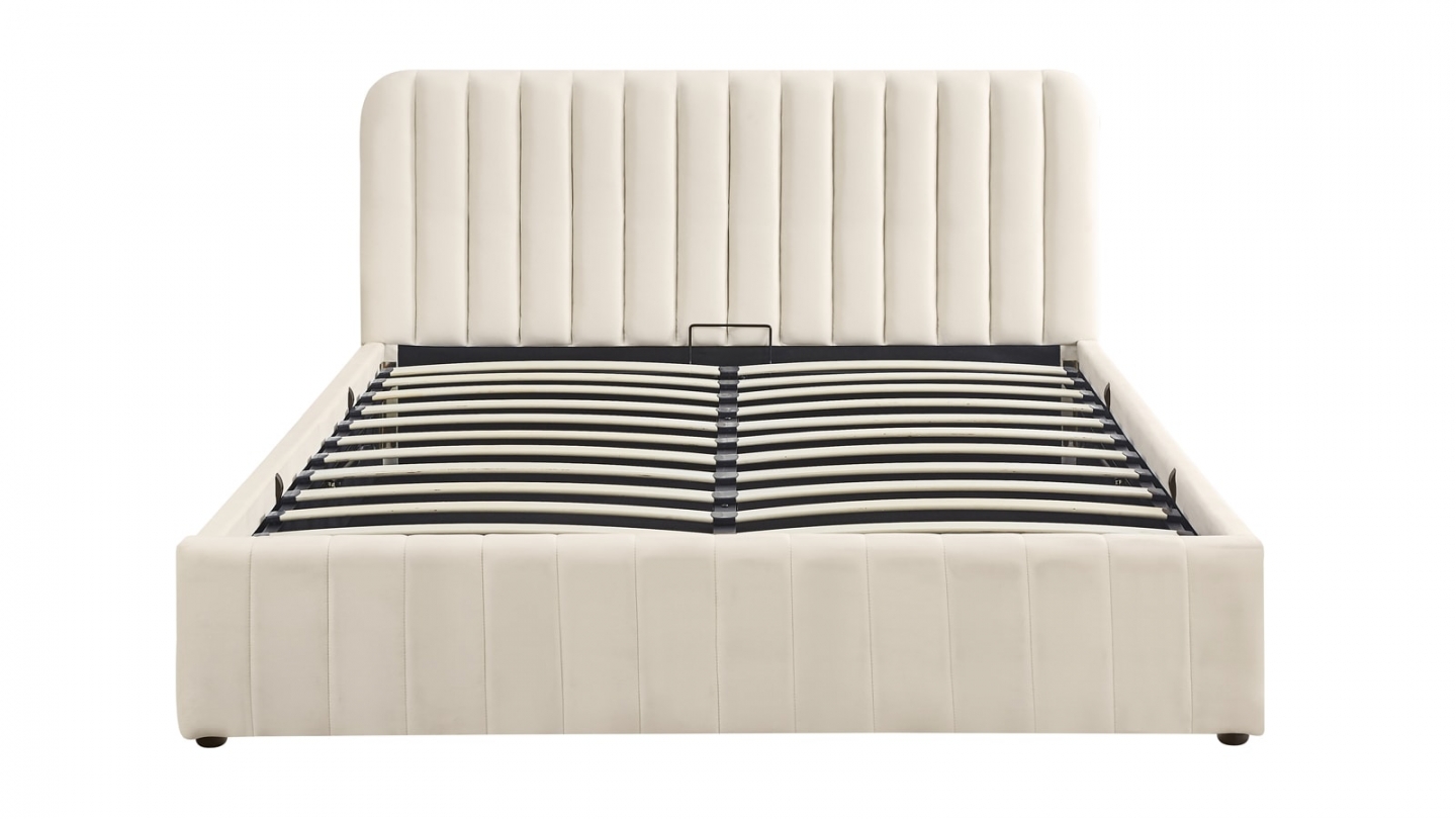 Lit coffre adulte 160x200 cm avec tête de lit capitonnée en velours beige - Ava