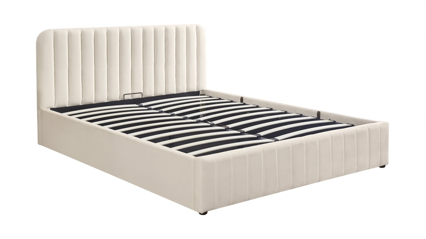 Lit coffre adulte 160x200 cm avec tête de lit capitonnée en velours beige - Ava