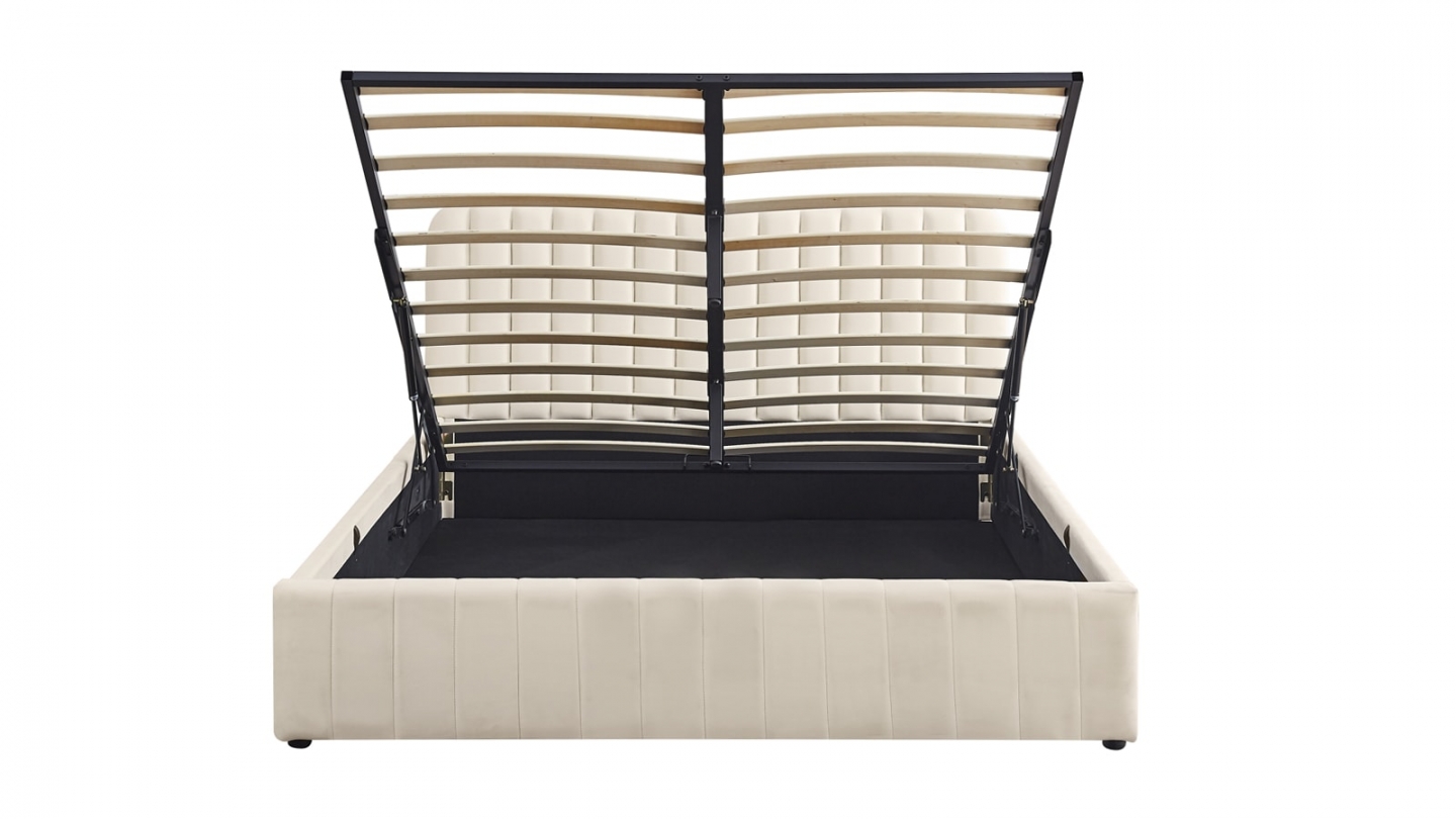 Lit coffre adulte 160x200 cm avec tête de lit capitonnée en velours beige - Ava
