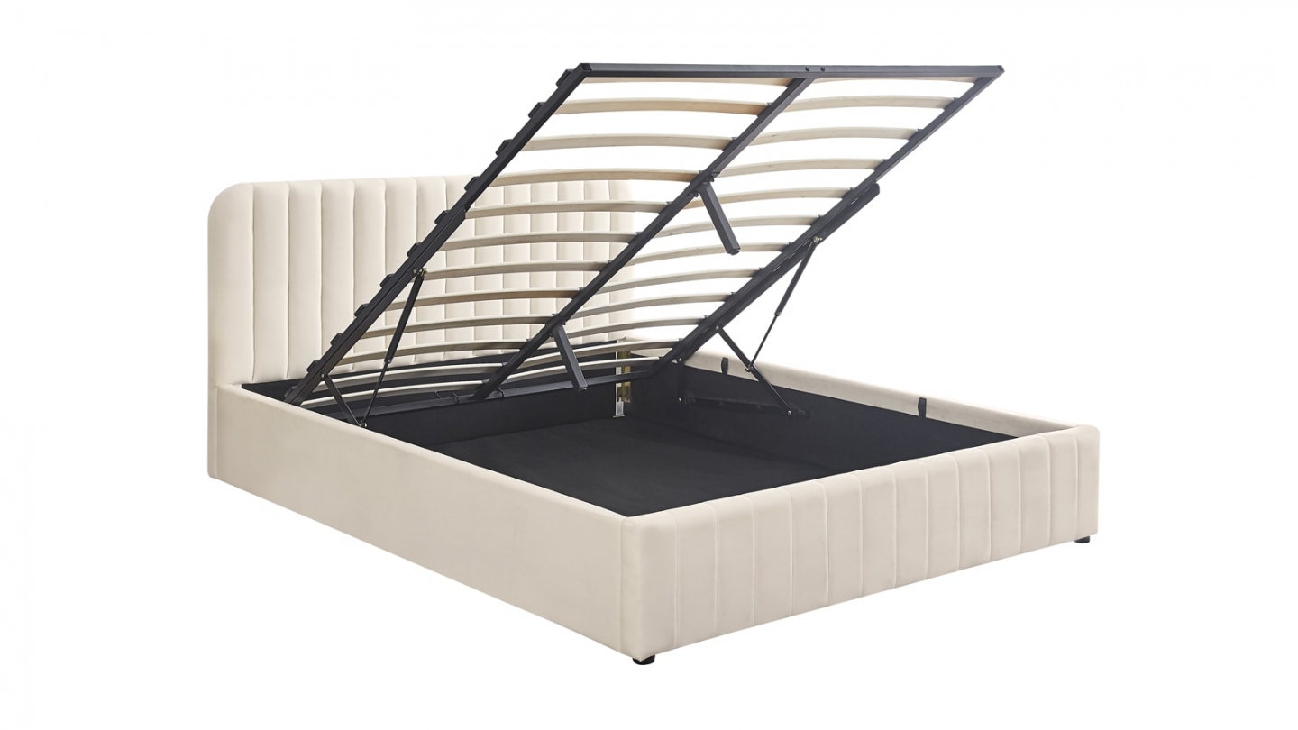 Lit coffre adulte 160x200 cm avec tête de lit capitonnée en velours beige - Ava