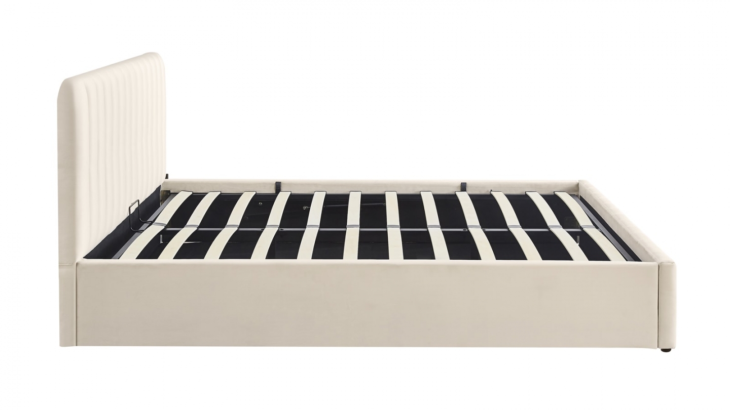 Lit coffre adulte 160x200 cm avec tête de lit capitonnée en velours beige - Ava