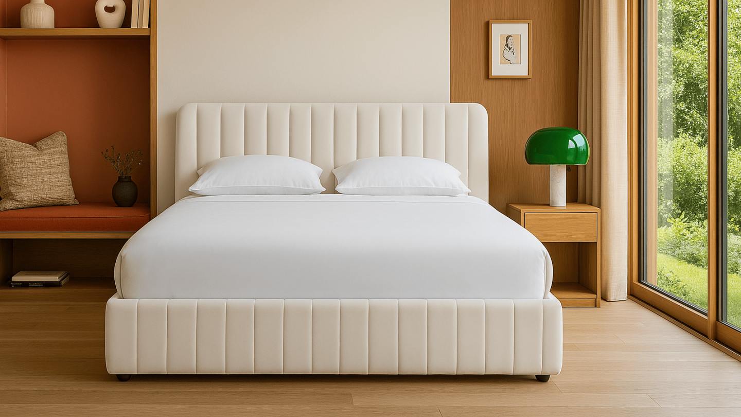 Lit coffre adulte 160x200 cm avec tête de lit capitonnée en velours beige - Ava