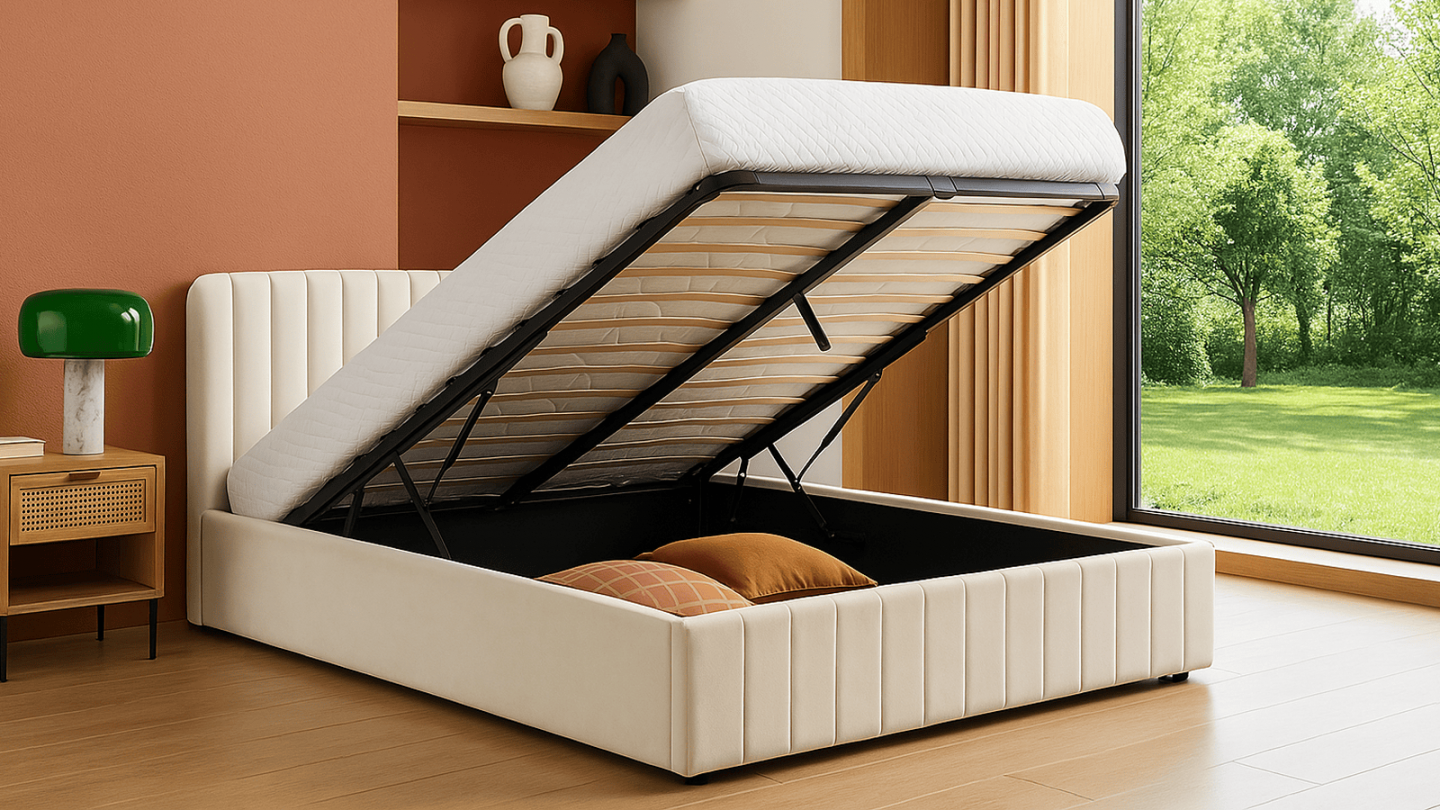 Lit coffre adulte 160x200 cm avec tête de lit capitonnée en velours beige - Ava