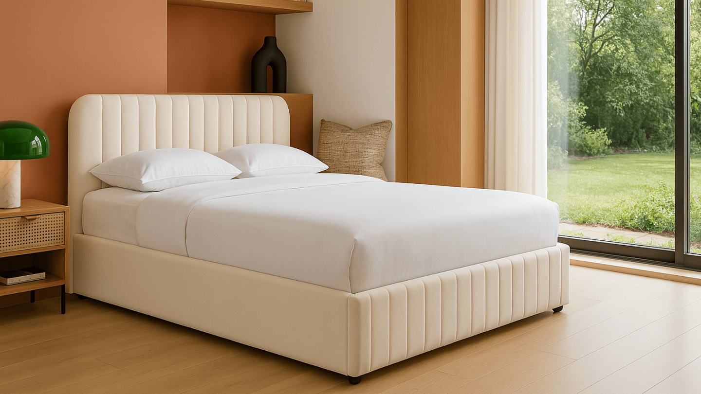 Lit coffre adulte 160x200 cm avec tête de lit capitonnée en velours beige - Ava