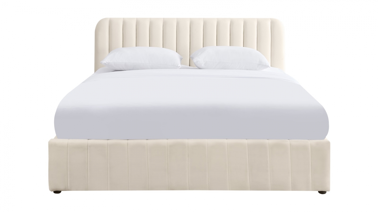 Lit coffre adulte 180x200 cm avec tête de lit capitonnée en velours beige - Ava
