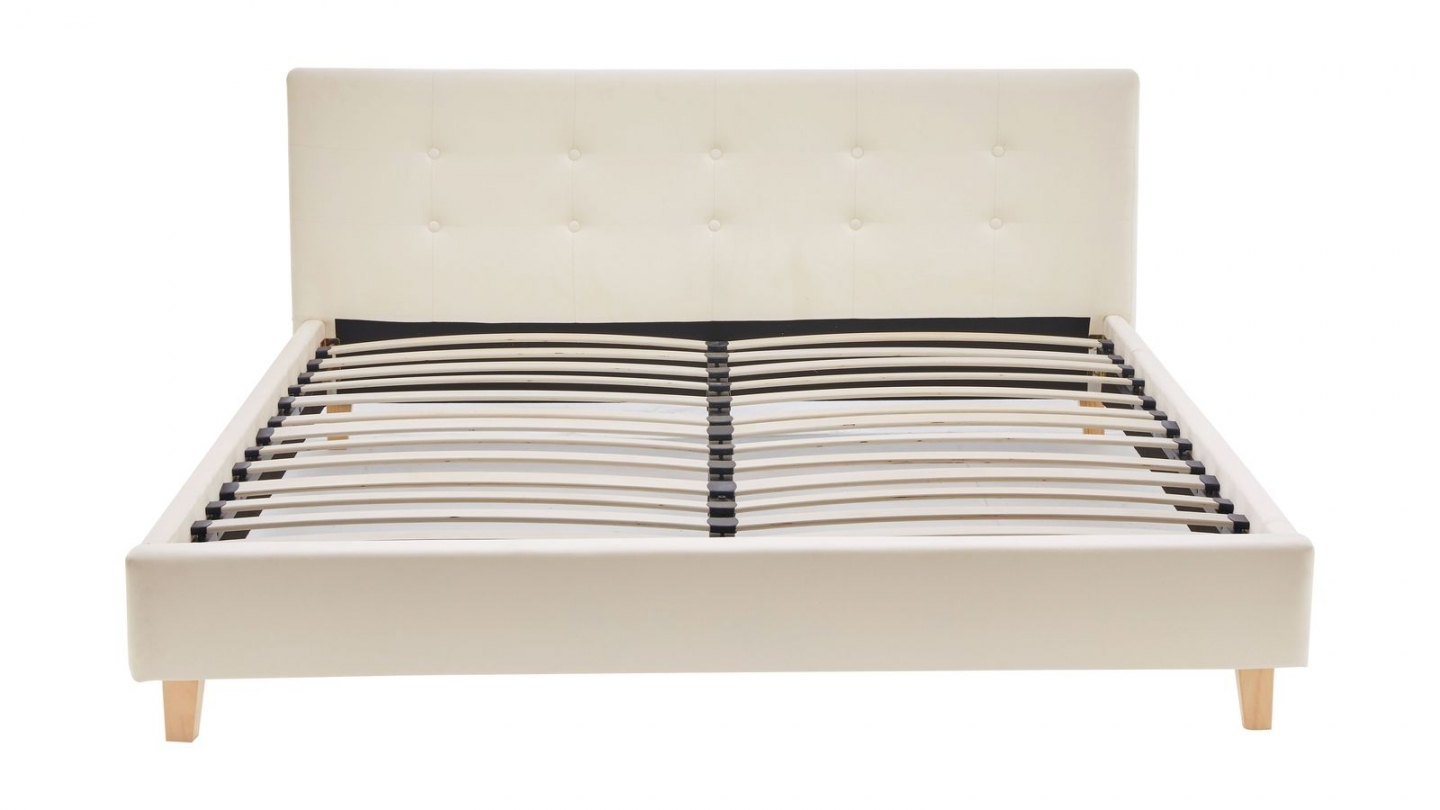 Lit adulte 160x200 cm avec tête de lit capitonnée en velours beige - Milo