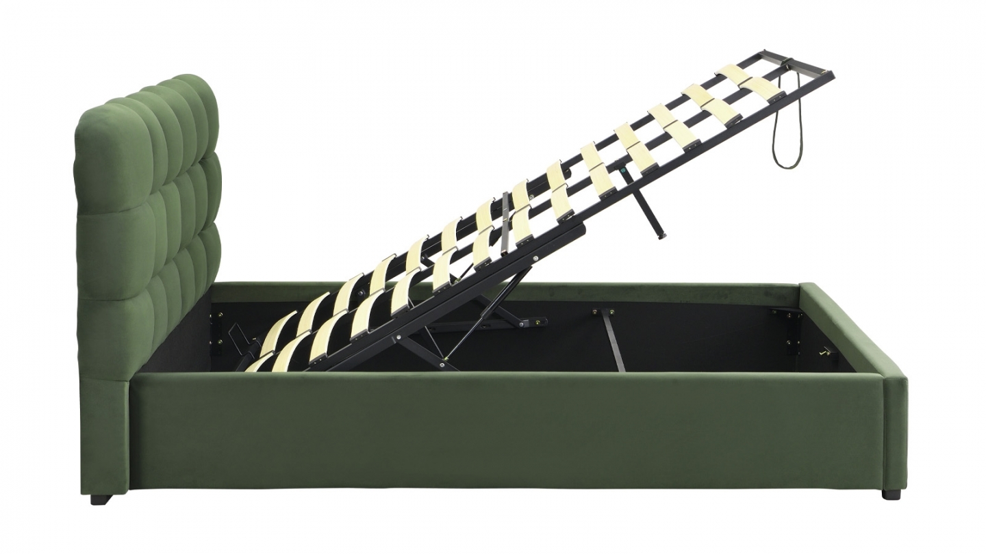 Lit coffre adulte 140x190 cm avec sommier et tête de lit capitonnée en velours vert kaki - Lola